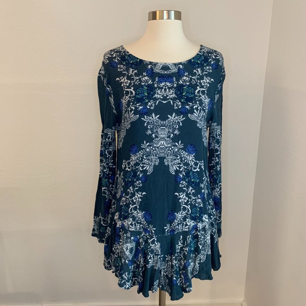 Free People Smooth Talker Tunic Mini Dress in Emerald Floral, Sz S